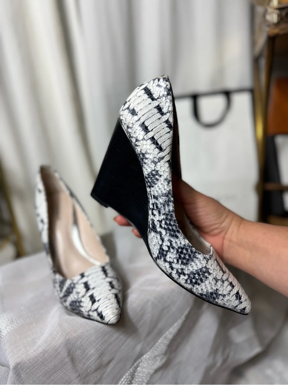 Coach Black and White Snakeskin Pointed Wedge Pumps
